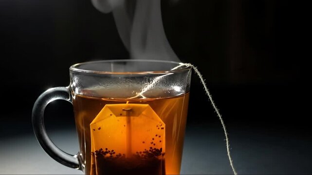 Steaming aromatic tea brew with teabag in glass cup on dark surface captured in three frames