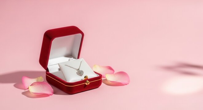 Beautiful heart-shaped diamond necklace displayed in an open red velvet jewelry box, surrounded by soft pink rose petals on a delicate pink background, perfect for a romantic gift.