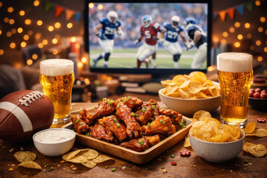American football game day snacks at home with chicken wings, chips and beer on the table in front of TV. Sports fans, party, friends gathering, leisure and entertainment concept.