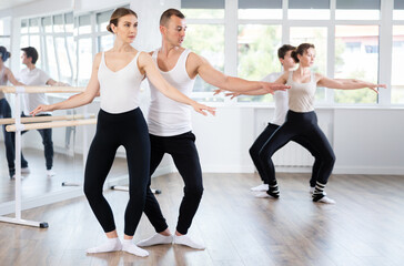 Obraz premium Positive ballet dancers couple performing graceful choreography, training demi plie ballet pose in modern gym or ballet hall