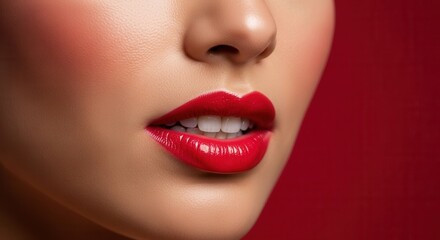 Naklejka premium Seductive close-up of a woman's perfectly painted red lips and flushed cheeks, exuding confidence and glamour against a vibrant red backdrop.