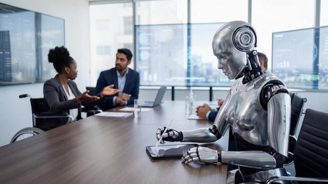Advanced humanoid robot working on tablet with digital pen while diverse business people discuss during meeting in a modern office boardroom