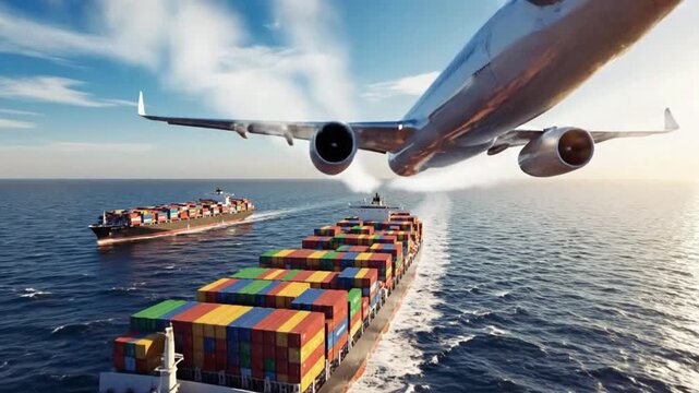 Intermodal freight transportation showing a large container ship carrying colorful cargo boxes moving across the ocean while being serviced by cargo airplanes flying overhead