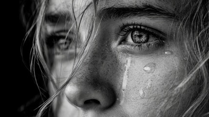 Fototapeta premium A close-up view of a young persons face showing deep emotion. Tears run down their cheek highlighting a moment of vulnerability and reflection in black and white tones.