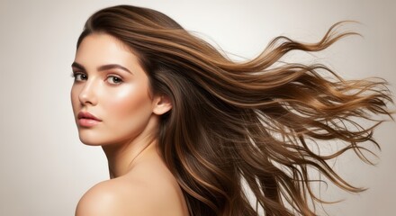 Fototapeta premium Beautiful young woman with long wavy brown hair blowing in the wind, looking at camera