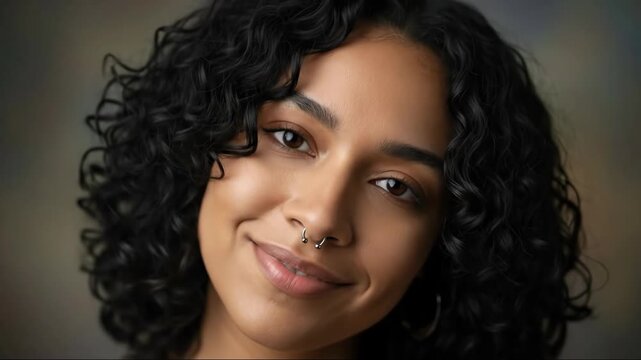 Woman with curly hair transitions from meditation to contentment with a smile