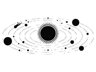 An abstract and artistic representation of the solar system showing the sun, planets and other celestial bodies in orbit.