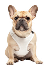 Obraz premium PNG French Bulldog wearing harness bulldog background sitting.