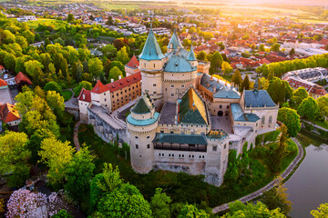Aerial view of Bojnice Castle, one of the most famous and most visited castles in Slovakia, during sunrise