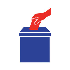 A hand places a red ballot into a blue ballot box during voting.