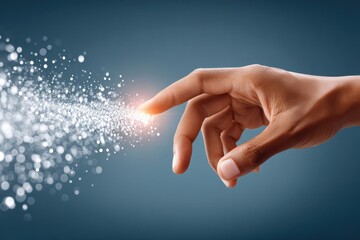 Human hand reaching toward a glowing AI hologram, capturing the future of technology and touch