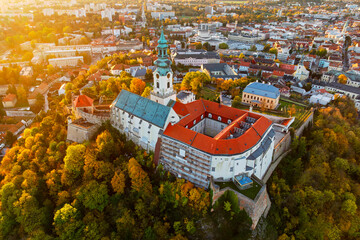 Aerial view of the center of the historic and famous regional city of Nitra in Slovakia with the dominant Basilica of Saint Emeram