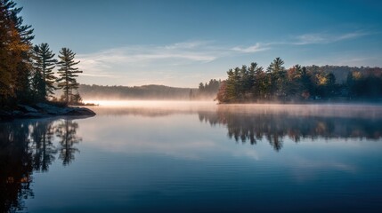 Mist rises from the calm lake early in the morning reflecting the colorful autumn foliage. The serene atmosphere invites nature lovers for peaceful moments by the water.