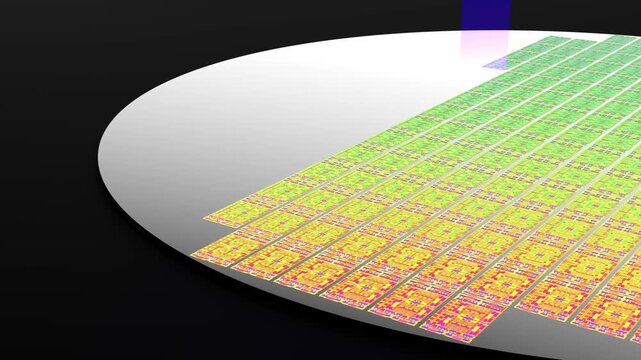EUV Photolithography Silicon Wafer Manufacturing Process etching microchips 3D animation for semiconductor industry, artificial intelligence hardware, and high-tech processor technology