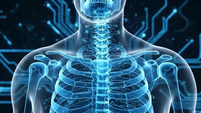 Futuristic human skeleton scanning with digital interface and circuitry elements