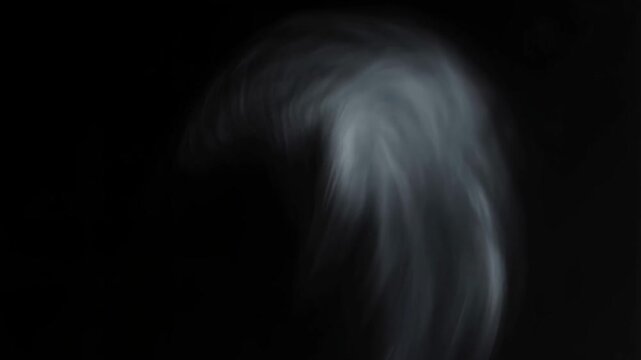 Abstract luminous white mist swirling slowly with soft feathered transparency on black background, cinematic and elegant vapor effect video footage