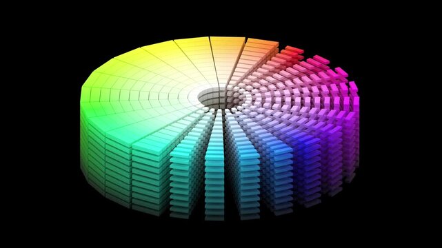 Vibrant Rotating 3D Color Theory HSV Cylinder showing Hue Saturation Value spectrum seamless loop animation for design education, digital art palettes, and visual color calibration guides