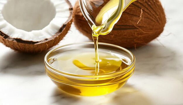 Golden coconut oil being poured from glass pitcher into small clear glass bowl, smooth stream of yellow oil flowing, small puddle of oil on white marble surface, fresh cracked coconut halves in backgr