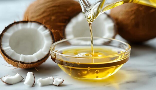 Golden coconut oil being poured from glass pitcher into small clear glass bowl, smooth stream of yellow oil flowing, small puddle of oil on white marble surface, fresh cracked coconut halves in backgr