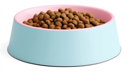 A brightly colored pet food bowl featuring a blue exterior and pink interior is filled with dry kibble. The bowl sits on a clean white surface perfect for feeding pets.