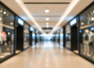 Blurred view of a long corridor with storefronts and glass windows  shopping mall interior