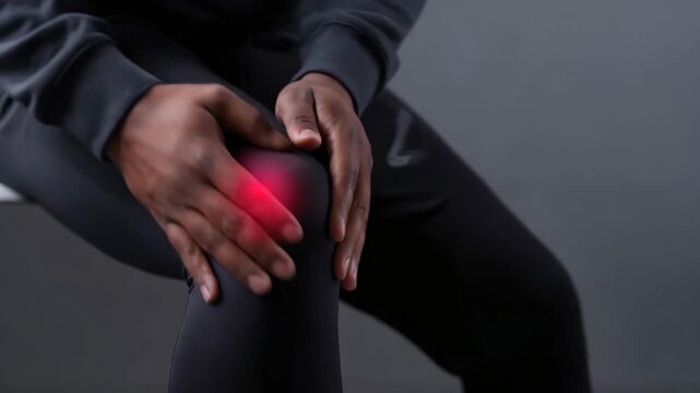 Man clutching sore knee with red pain highlight showing joint injury and inflammation concept on dark background