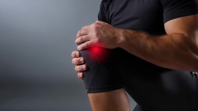 Man holding painful knee with red highlight showing joint pain and injury concept on gray background