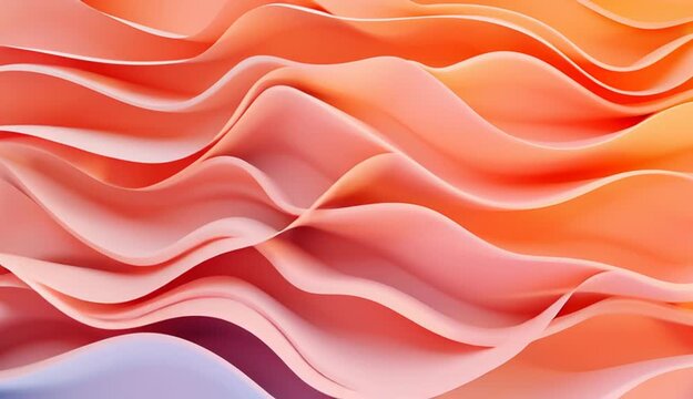 Abstract flowing wavy layers in gradient colors from turquoise blue to coral red pink, smooth undulating paper-like sheets stacked horizontally