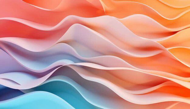Abstract flowing wavy layers in gradient colors from turquoise blue to coral red pink, smooth undulating paper-like sheets stacked horizontally