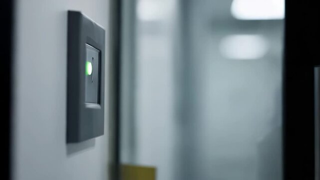 Laboratory worker unlocking secure door with fingerprint scanner and entering restricted research facility corridor