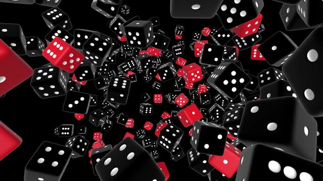Cinematic Falling Red and Black Dice in slow motion 3D animation for gambling chance, casino risk management, and strategic probability visualization
