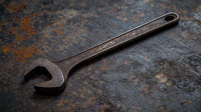 A rusty old wrench lies on a worn metal surface, awaiting repair or reuse.