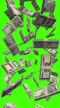 Vertical Eritrean Nakfa bills falling on chromakey, ERN cash rain
