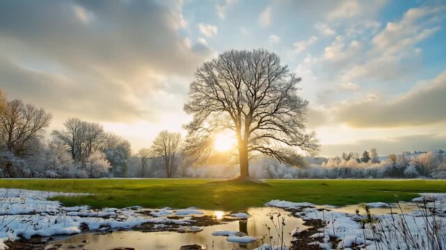 A solitary tree stands in a snowy field at dawn. The landscape shows a transition from winter to spring, symbolizing nature's rebirth and seasonal change.