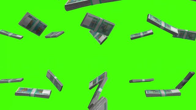 Djiboutian Franc banknotes falling on green screen, DJF currency rain