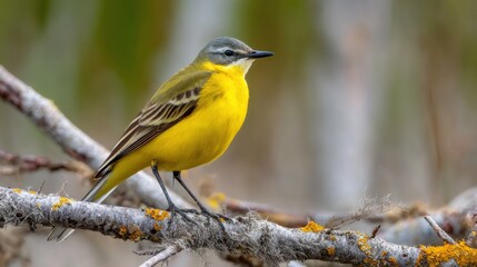 Fototapeta premium A vibrant yellow bird stands on a moss-covered branch showcasing its striking colors. The background is softly blurred highlighting the natural habitat and lush greenery.