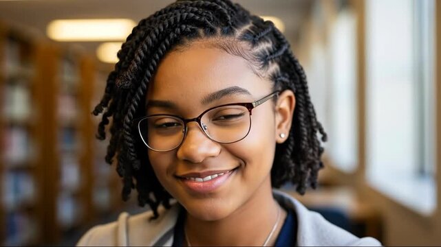 Smiling woman with braided hair in library setting  expression of confidence and warmth