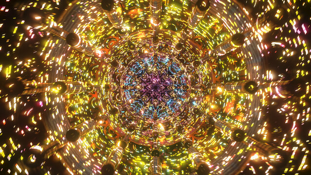 Colorful mandala with radiant core and evolving symmetry, expressing transformation and awareness, suitable for psychedelic visuals, meditation themes, spiritual artwork, and immersive abstract art