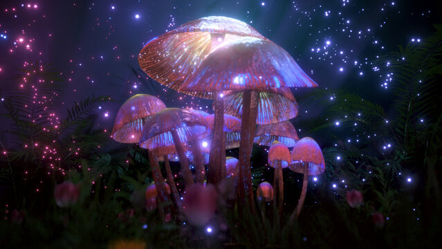Fantasy mushrooms illuminated by soft glowing particles, forming a serene and otherworldly landscape ideal for mystical visuals, meditation spaces, nature-inspired fantasy art, and immersive nature