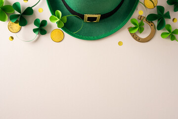 Obraz premium A festive St Patrick's Day themed scene featuring a green hat, shamrocks, gold coins, a horseshoe and confetti, creating a bright festive mood suitable for greeting cards and promotions