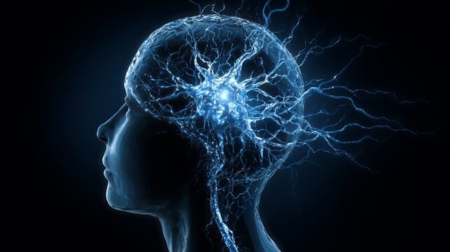 A glowing blue illustration of a human head with a bright light in the brain