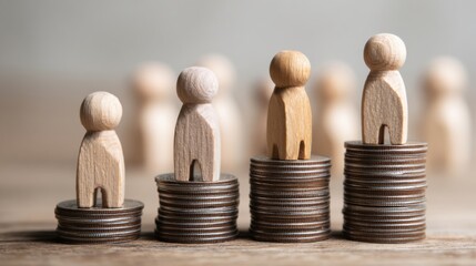 Wooden figures of varying sizes stand atop stacks of coins symbolizing economic growth and wealth disparity set against a neutral background.