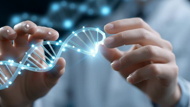 Human hand touches a glowing DNA strand in a futuristic lab scene, showing genetic research and modern biotechnology