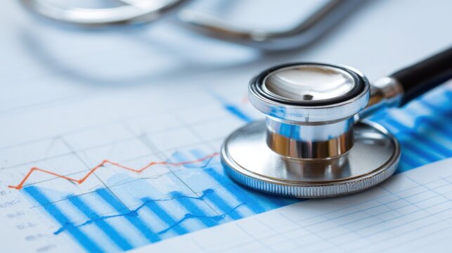 A stethoscope is placed on top of medical charts that contain graphs showcasing health data and statistics indicating analysis in a clinical environment.