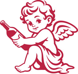 A cute cartoon cherub holding a bottle of wine in a playful pose