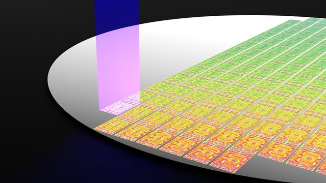 Iridescent Thin Film Interference on Silicon Wafer 3D representation for semiconductor lithography fabrication, material science optics, and nanotechnology engineering