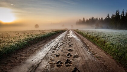 Mysterious Footprints On A Muddy Road Leading Forward And Representing A Journey Into The Misty Morning Fog