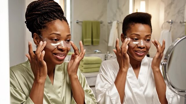 Two Black women in silk robes apply eye patches while looking in a mirror. They share a joyful skincare moment celebrating friendship and beauty. Ideal for wellness or empowerment advertising.