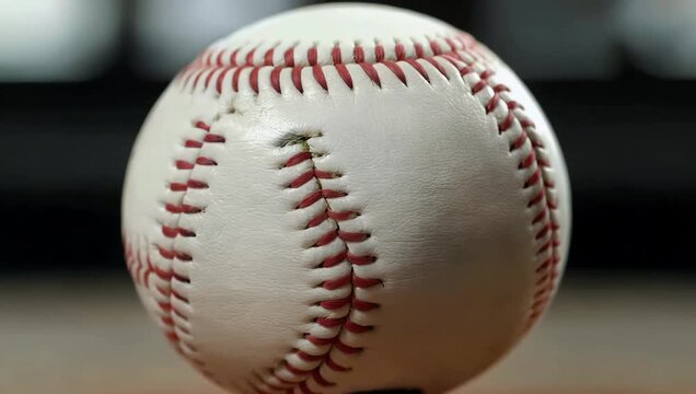 Cinematic 4K close up of rotating white leather baseball with red stitching highlighting texture motion detail perfect sports games dynamic activity themed stock 