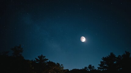 In a serene outdoor environment a bright crescent moon illuminates the night sky filled with stars. Silhouetted trees frame the peaceful scene creating a magical atmosphere.